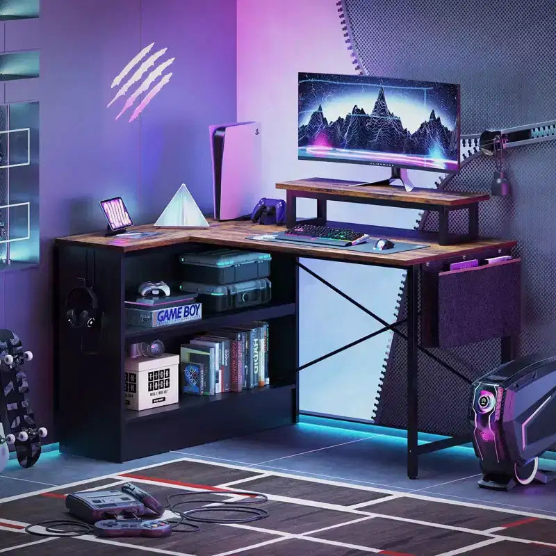 Scrivania per computer a L Bestier da 42" con mensole portaoggetti aperte reversibili, scrivania moderna per ufficio a casa con luce a LED e supporto per monitor