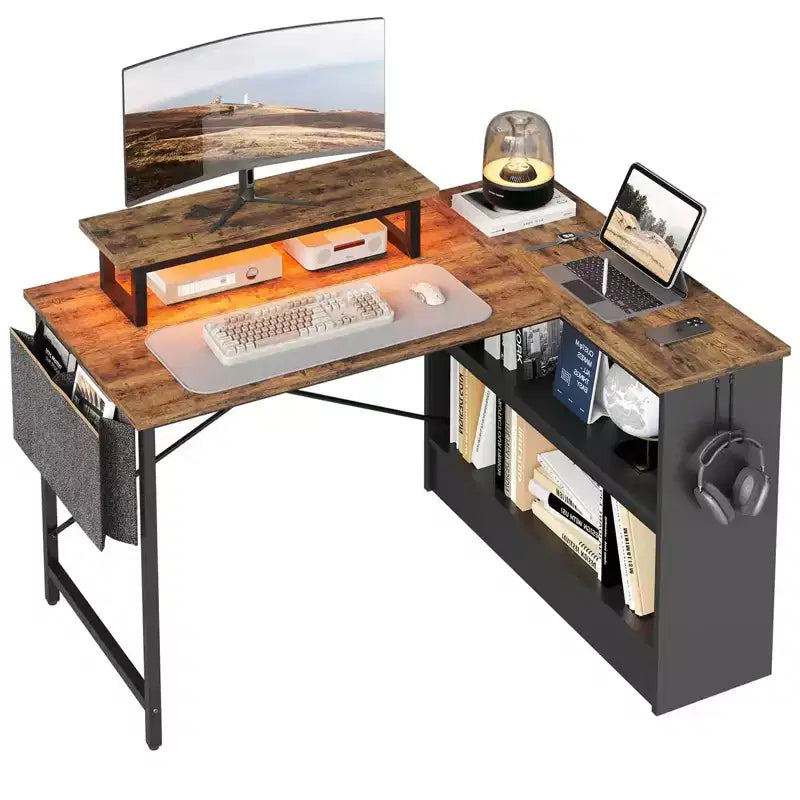 Scrivania per computer a L Bestier da 42" con mensole portaoggetti aperte reversibili, scrivania moderna per ufficio a casa con luce a LED e supporto per monitor