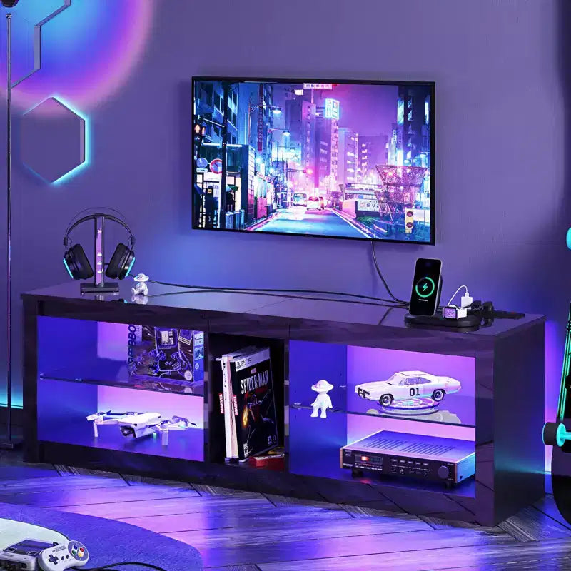 Mobile TV Bestier da 55 pollici con LED, Consolle Multimediale Moderna con Presa di Corrente e Spazio di Archiviazione, Centro di Intrattenimento per Gaming per Camera da Letto e Soggiorno