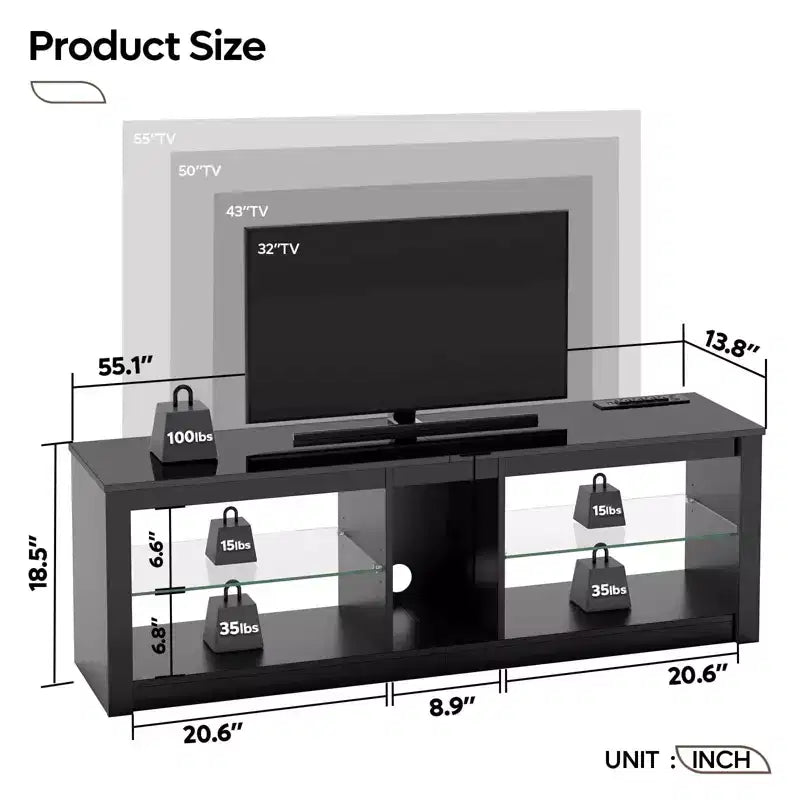 Mobile TV Bestier da 55 pollici con LED, Consolle Multimediale Moderna con Presa di Corrente e Spazio di Archiviazione, Centro di Intrattenimento per Gaming per Camera da Letto e Soggiorno
