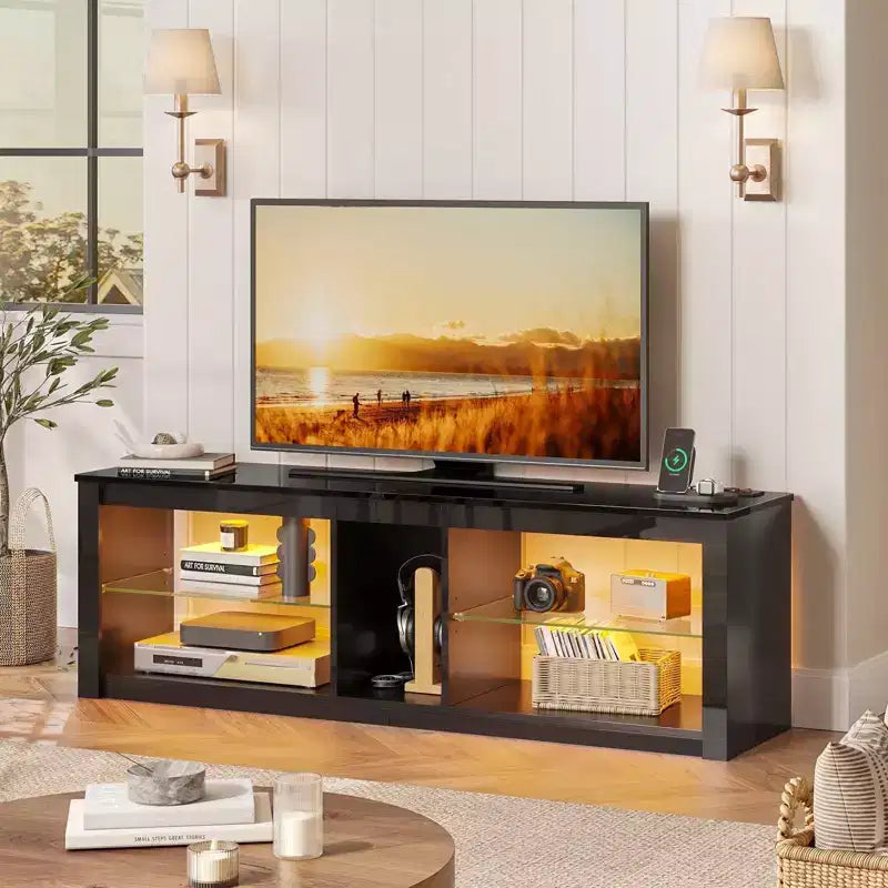 Mobile TV Bestier da 55 pollici con LED, Consolle Multimediale Moderna con Presa di Corrente e Spazio di Archiviazione, Centro di Intrattenimento per Gaming per Camera da Letto e Soggiorno