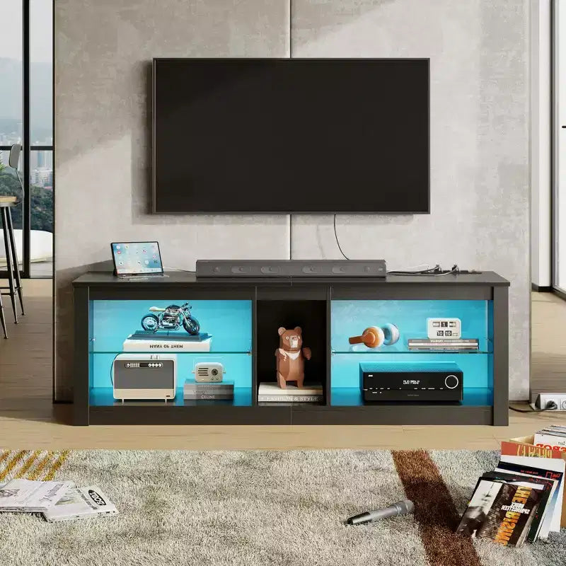 Mobile TV Bestier da 55 pollici con LED, Consolle Multimediale Moderna con Presa di Corrente e Spazio di Archiviazione, Centro di Intrattenimento per Gaming per Camera da Letto e Soggiorno