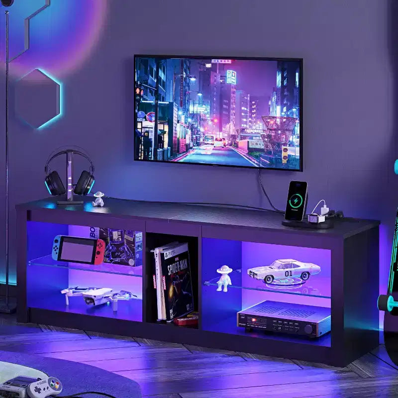 Mobile TV Bestier da 55 pollici con LED, Consolle Multimediale Moderna con Presa di Corrente e Spazio di Archiviazione, Centro di Intrattenimento per Gaming per Camera da Letto e Soggiorno