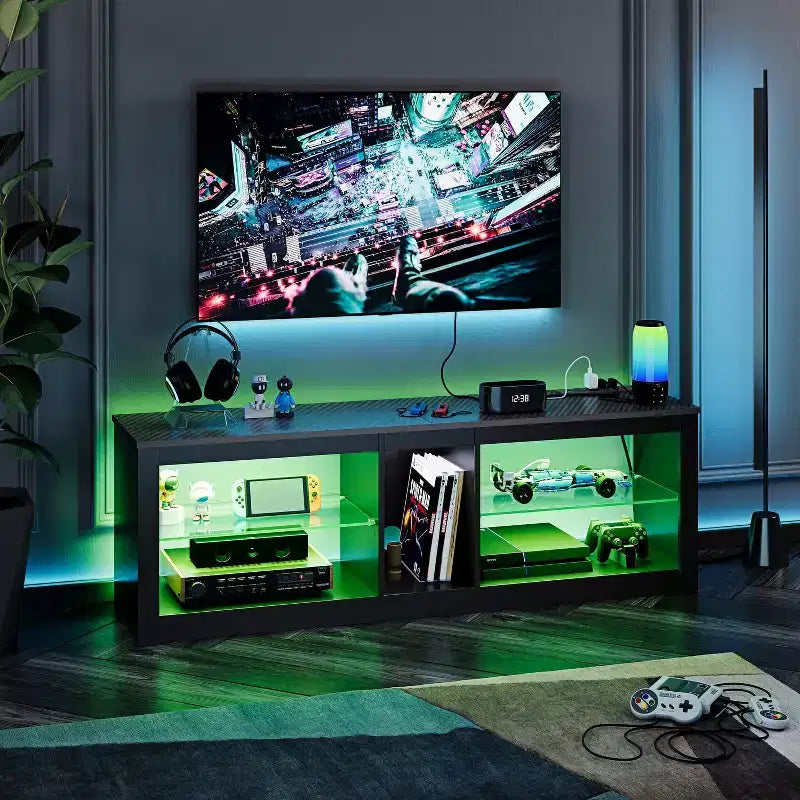 Mobile TV Bestier da 55 pollici con LED, Consolle Multimediale Moderna con Presa di Corrente e Spazio di Archiviazione, Centro di Intrattenimento per Gaming per Camera da Letto e Soggiorno