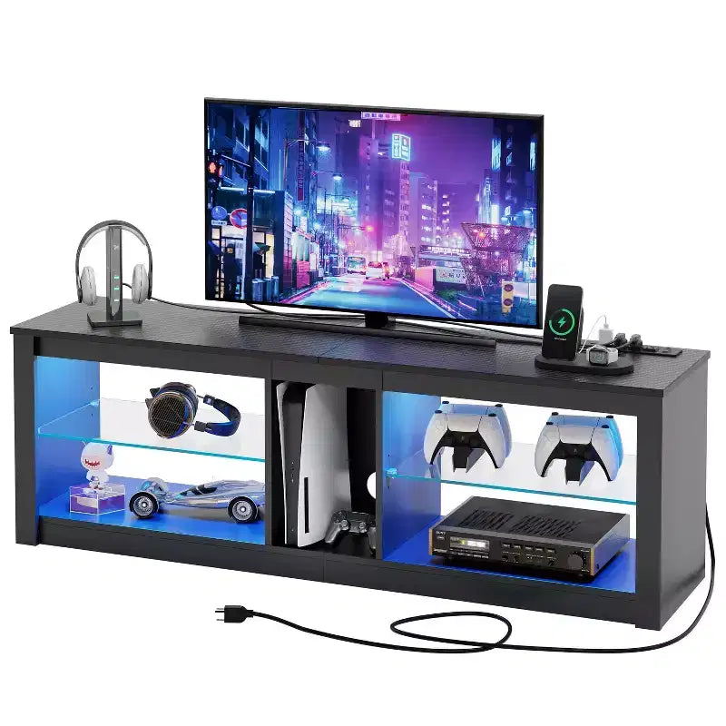Mobile TV Bestier da 55 pollici con LED, Consolle Multimediale Moderna con Presa di Corrente e Spazio di Archiviazione, Centro di Intrattenimento per Gaming per Camera da Letto e Soggiorno