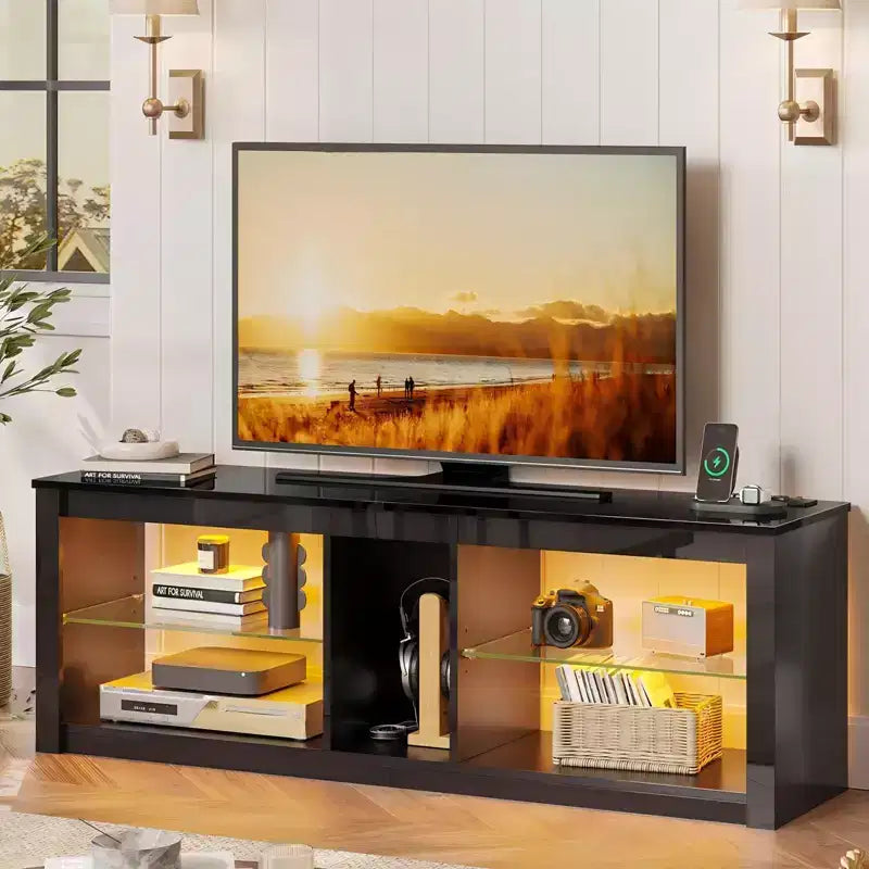 Mobile TV Bestier da 55 pollici con LED, Consolle Multimediale Moderna con Presa di Corrente e Spazio di Archiviazione, Centro di Intrattenimento per Gaming per Camera da Letto e Soggiorno