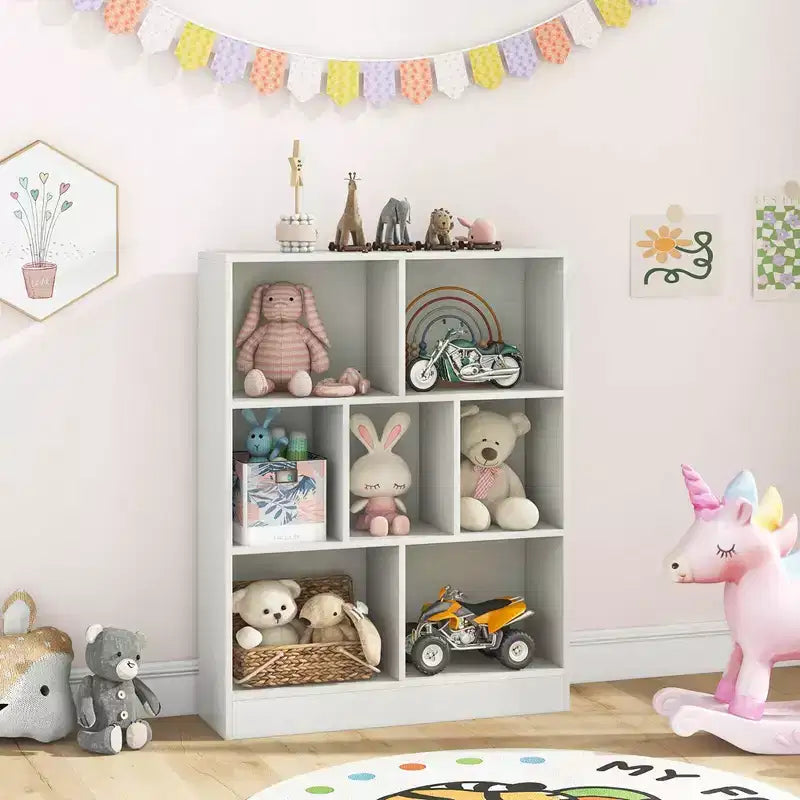 Costway Libreria per bambini a 7 cubi, organizzatore portaoggetti in legno 41, scaffale autoportante, marrone/bianco