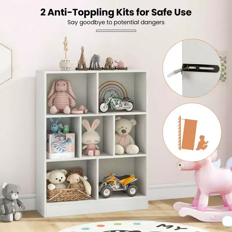 Costway Libreria per bambini a 7 cubi, organizzatore portaoggetti in legno 41, scaffale autoportante, marrone/bianco