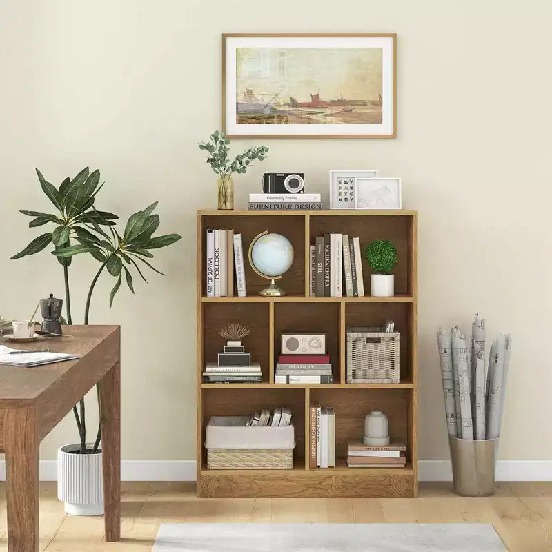 Costway Libreria per bambini a 7 cubi, organizzatore portaoggetti in legno 41, scaffale autoportante, marrone/bianco