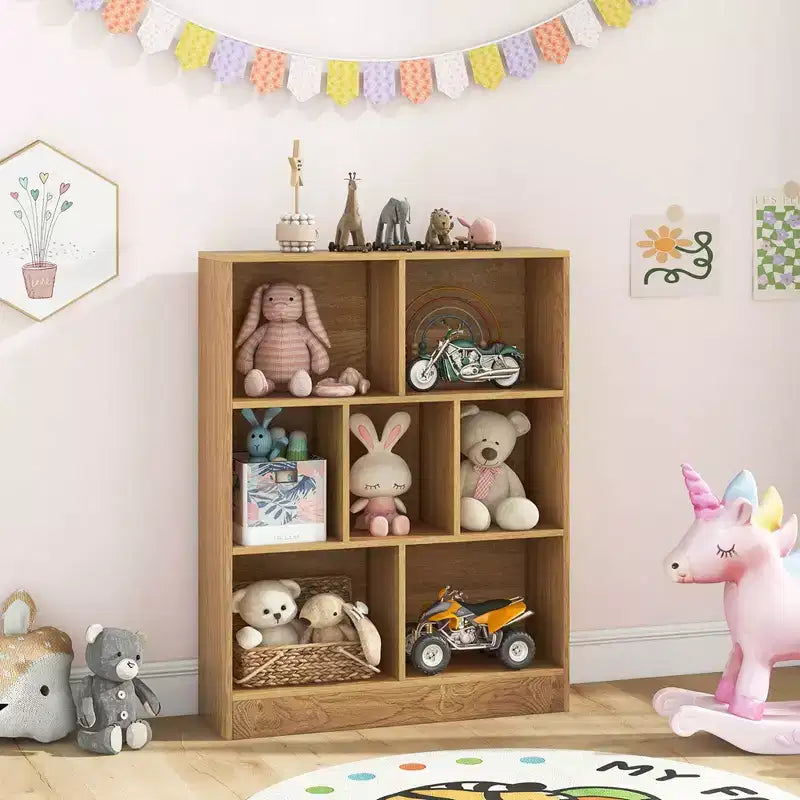 Costway Libreria per bambini a 7 cubi, organizzatore portaoggetti in legno 41, scaffale autoportante, marrone/bianco