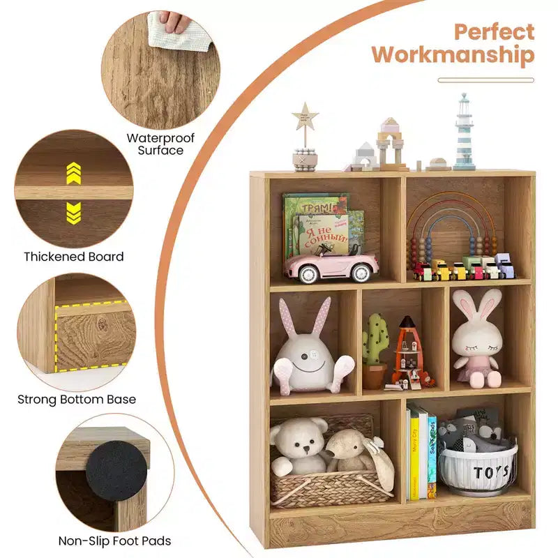 Costway Libreria per bambini a 7 cubi, organizzatore portaoggetti in legno 41, scaffale autoportante, marrone/bianco