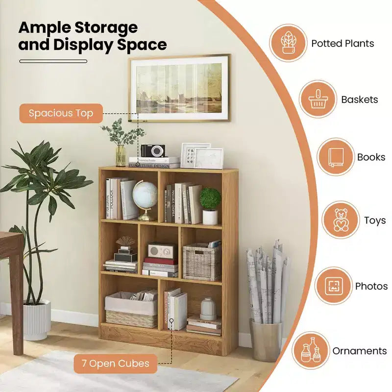 Costway Libreria per bambini a 7 cubi, organizzatore portaoggetti in legno 41, scaffale autoportante, marrone/bianco