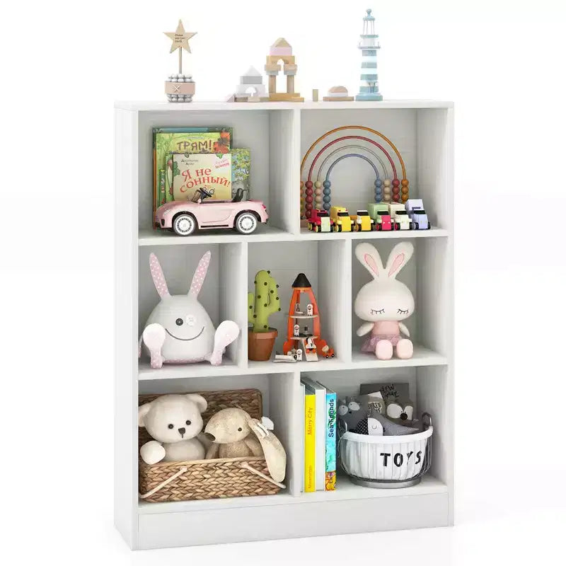 Costway Libreria per bambini a 7 cubi, organizzatore portaoggetti in legno 41, scaffale autoportante, marrone/bianco