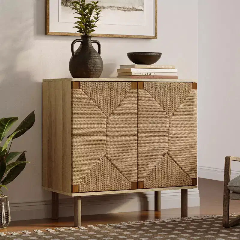 Mobile a 2 ante con corde in stile Mid-Century Modern LuxenHome con gambe in legno, colore naturale