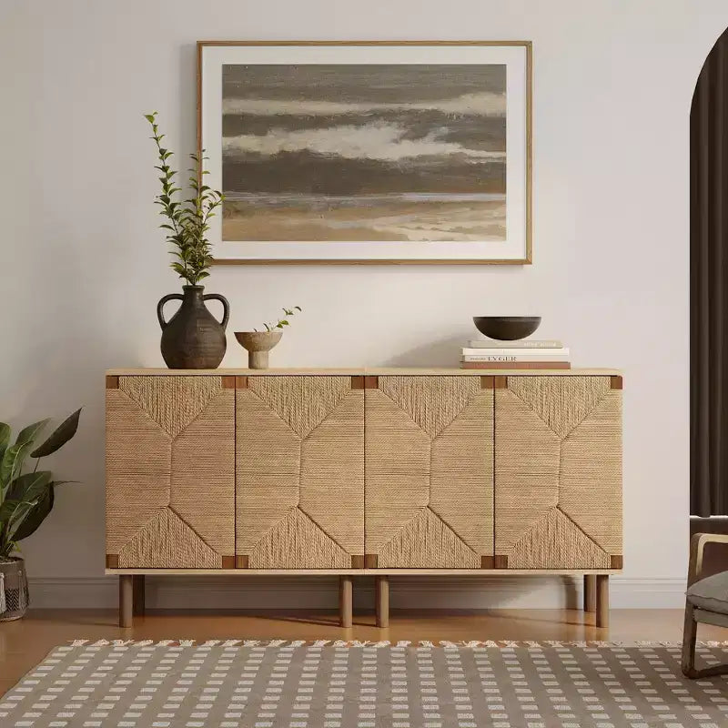 Mobile a 2 ante con corde in stile Mid-Century Modern LuxenHome con gambe in legno, colore naturale