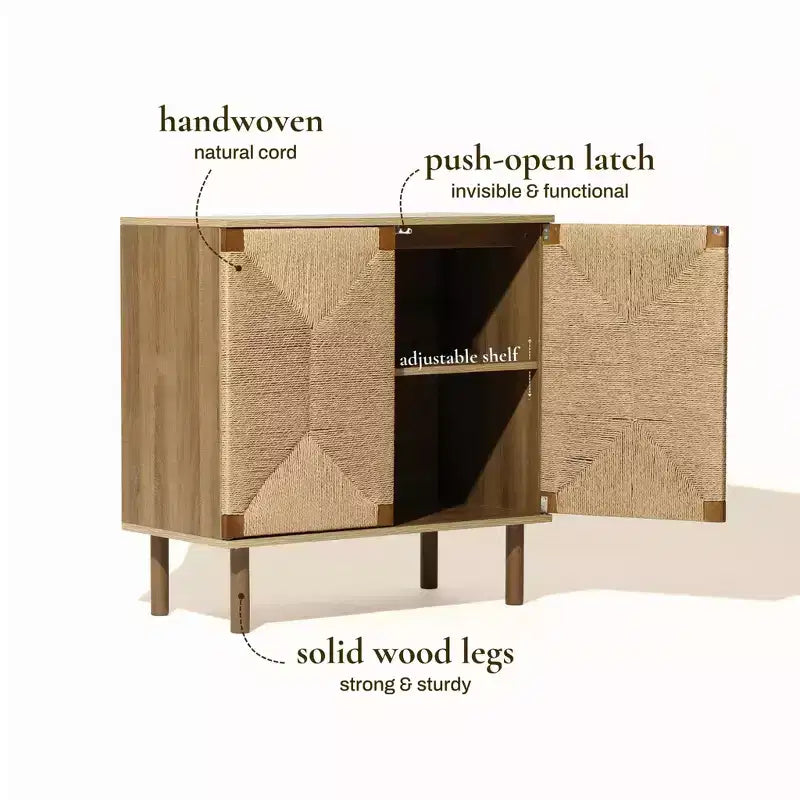 Mobile a 2 ante con corde in stile Mid-Century Modern LuxenHome con gambe in legno, colore naturale