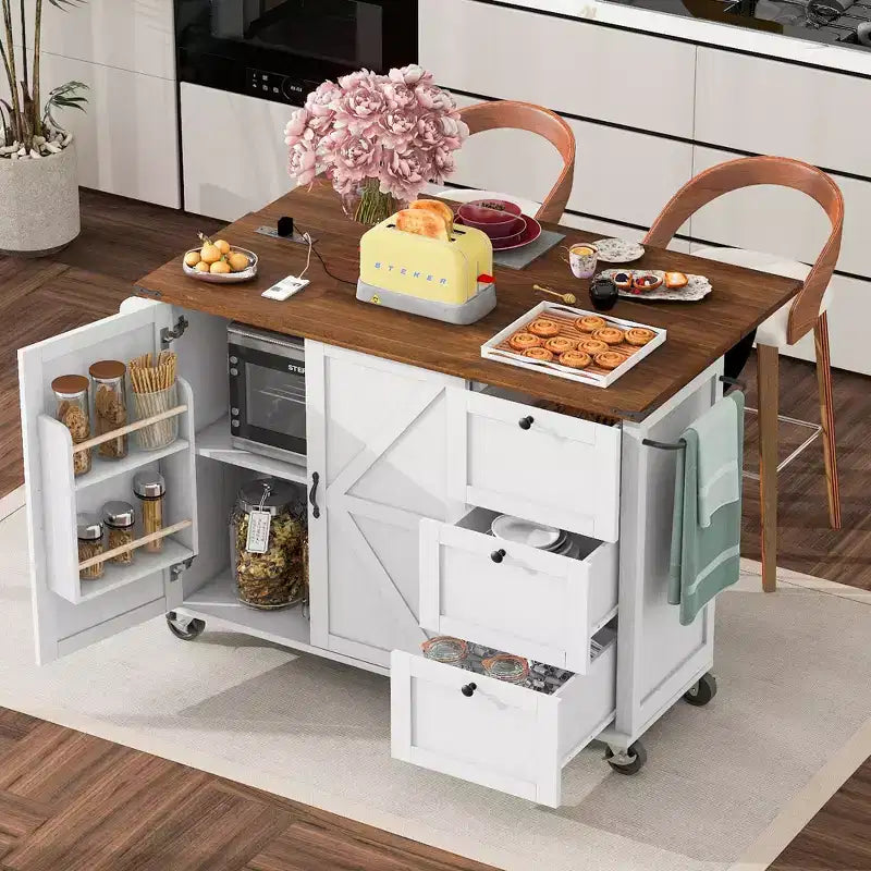 Carrello da Cucina/Isola Whisen in Stile Fattoria con Piano a Scomparsa e Ruote Bloccabili