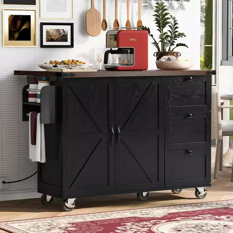 Carrello da Cucina/Isola Whisen in Stile Fattoria con Piano a Scomparsa e Ruote Bloccabili