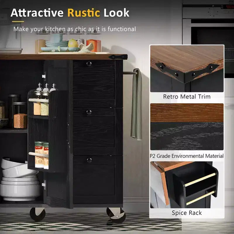 Carrello da Cucina/Isola Whisen in Stile Fattoria con Piano a Scomparsa e Ruote Bloccabili