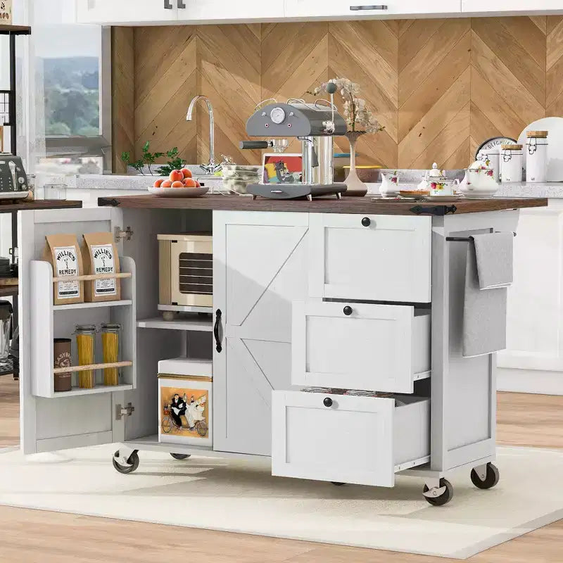 Carrello da Cucina/Isola Whisen in Stile Fattoria con Piano a Scomparsa e Ruote Bloccabili