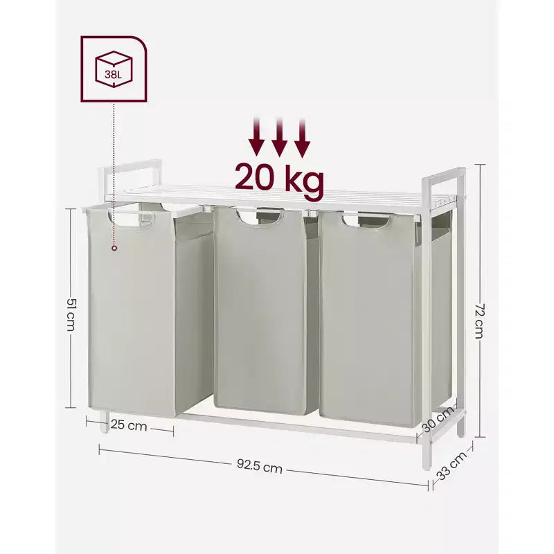 Cesto per la Biancheria, Cesto Portabiancheria, Cesto Portabiancheria con 3 Borse Estraibili e Rimovibili, Mensola, Struttura in Metallo, 3 x 38 Litri