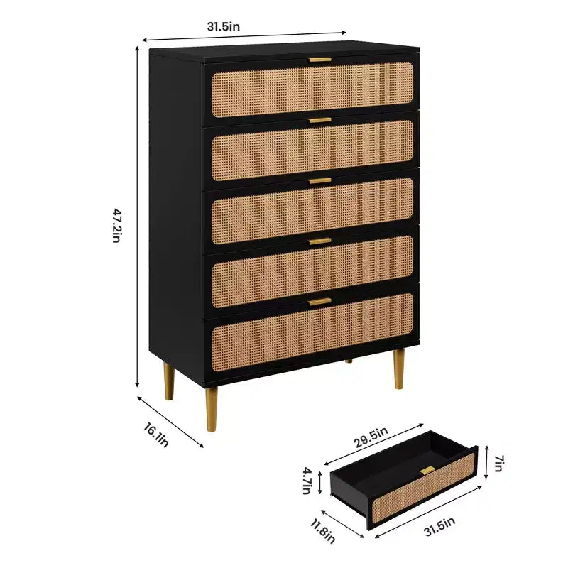 Comò in Rattan a 5/6 Cassetti per Camera da Letto, Cassettiera Doppia Grande con Cassetti Profondi, Comodino con Piano Largo
