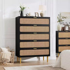 Comò in Rattan a 5/6 Cassetti per Camera da Letto, Cassettiera Doppia Grande con Cassetti Profondi, Comodino con Piano Largo