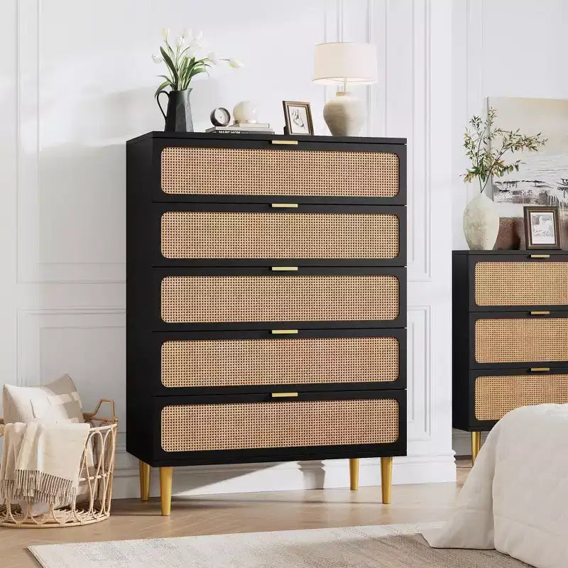 Comò in Rattan a 5/6 Cassetti per Camera da Letto, Cassettiera Doppia Grande con Cassetti Profondi, Comodino con Piano Largo