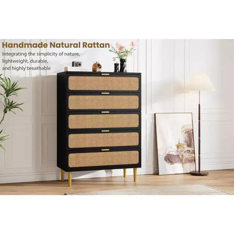 Comò in Rattan a 5/6 Cassetti per Camera da Letto, Cassettiera Doppia Grande con Cassetti Profondi, Comodino con Piano Largo