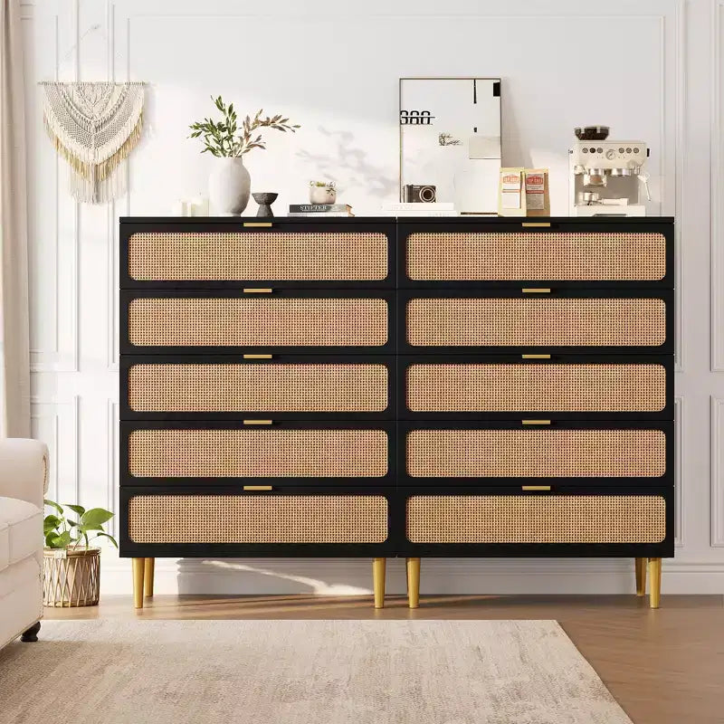 Comò in Rattan a 5/6 Cassetti per Camera da Letto, Cassettiera Doppia Grande con Cassetti Profondi, Comodino con Piano Largo