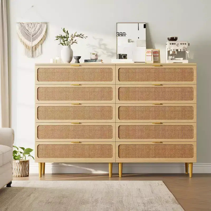 Comò in Rattan a 5/6 Cassetti per Camera da Letto, Cassettiera Doppia Grande con Cassetti Profondi, Comodino con Piano Largo