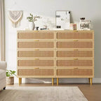 Comò in Rattan a 5/6 Cassetti per Camera da Letto, Cassettiera Doppia Grande con Cassetti Profondi, Comodino con Piano Largo