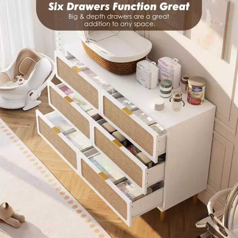 Comò in Rattan a 5/6 Cassetti per Camera da Letto, Cassettiera Doppia Grande con Cassetti Profondi, Comodino con Piano Largo
