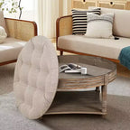 Tavolino Pouf Rotondo Grande, Pouf Imbottito trapuntato a bottoni oversize a 2 livelli con ripiano in legno, Tavolino da caffè Imbottito Stile Rustico