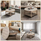 Tavolino Pouf Rotondo Grande, Pouf Imbottito trapuntato a bottoni oversize a 2 livelli con ripiano in legno, Tavolino da caffè Imbottito Stile Rustico