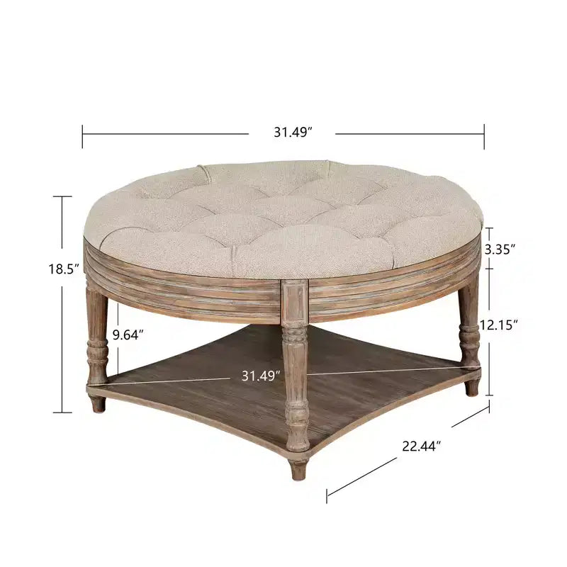 Tavolino Pouf Rotondo Grande, Pouf Imbottito trapuntato a bottoni oversize a 2 livelli con ripiano in legno, Tavolino da caffè Imbottito Stile Rustico