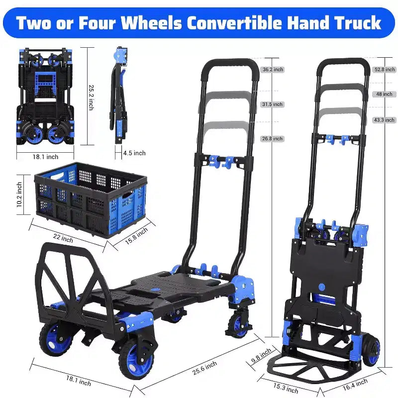Carrello a mano pieghevole 2 in 1, Carrello convertibile con cestello pieghevole, Carrello portatile