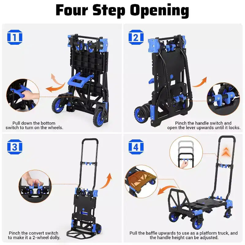 Carrello a mano pieghevole 2 in 1, Carrello convertibile con cestello pieghevole, Carrello portatile