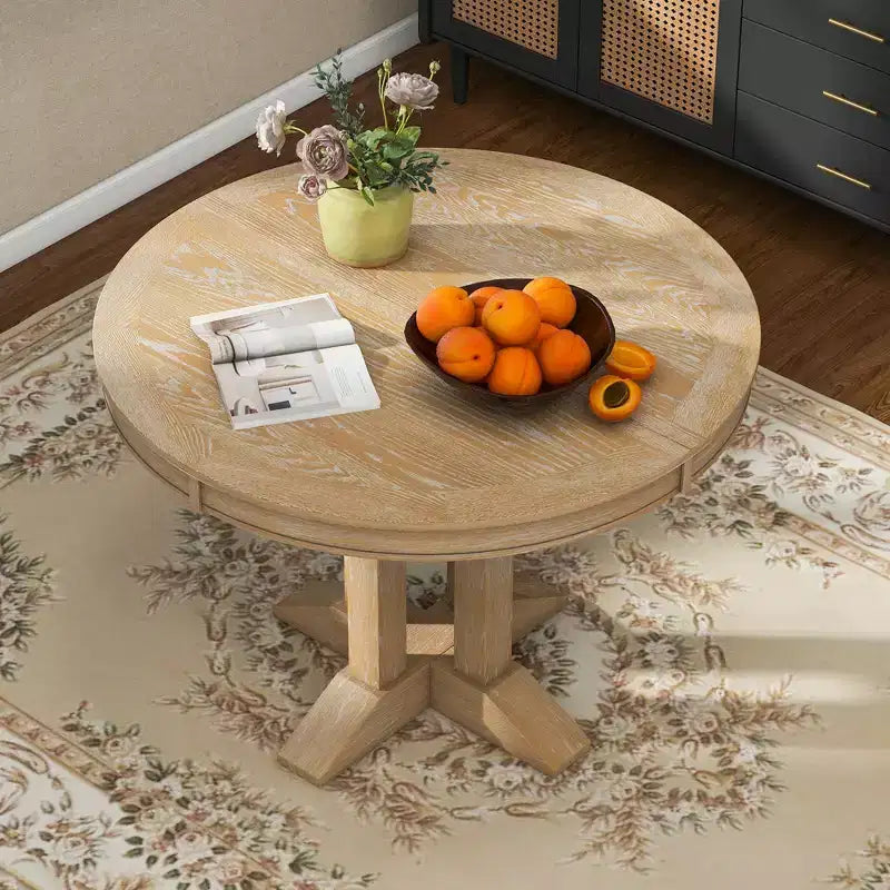 Tavolo da pranzo Whisen con base a piedistallo allungabile in legno stile rustico con prolunga da 35,5 cm