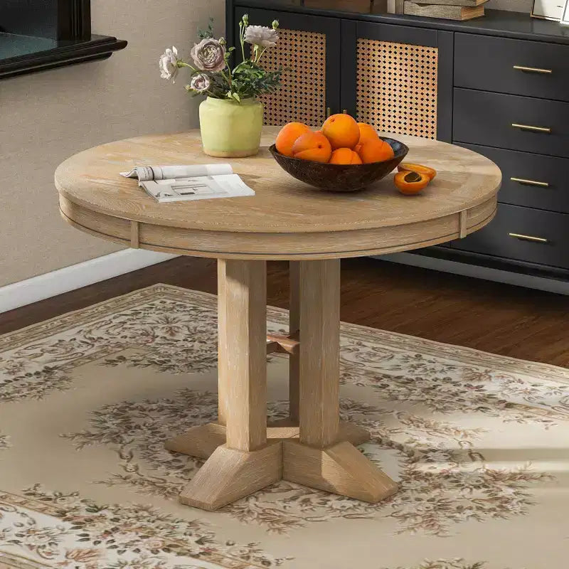 Tavolo da pranzo Whisen con base a piedistallo allungabile in legno stile rustico con prolunga da 35,5 cm