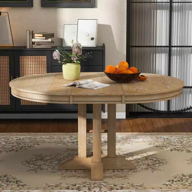 Tavolo da pranzo Whisen con base a piedistallo allungabile in legno stile rustico con prolunga da 35,5 cm