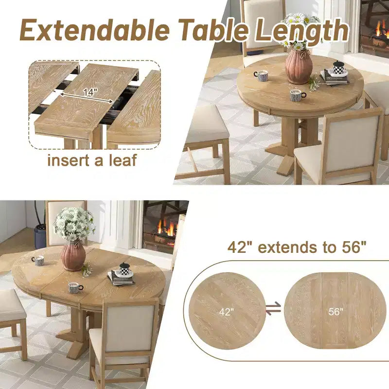 Tavolo da pranzo Whisen con base a piedistallo allungabile in legno stile rustico con prolunga da 35,5 cm