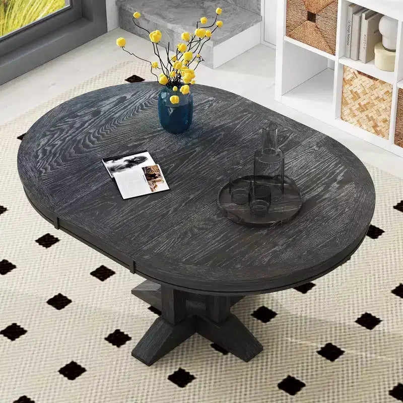 Tavolo da pranzo Whisen con base a piedistallo allungabile in legno stile rustico con prolunga da 35,5 cm