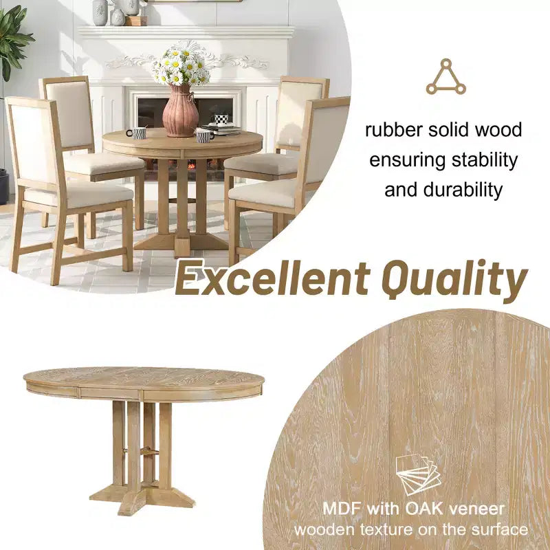 Tavolo da pranzo Whisen con base a piedistallo allungabile in legno stile rustico con prolunga da 35,5 cm