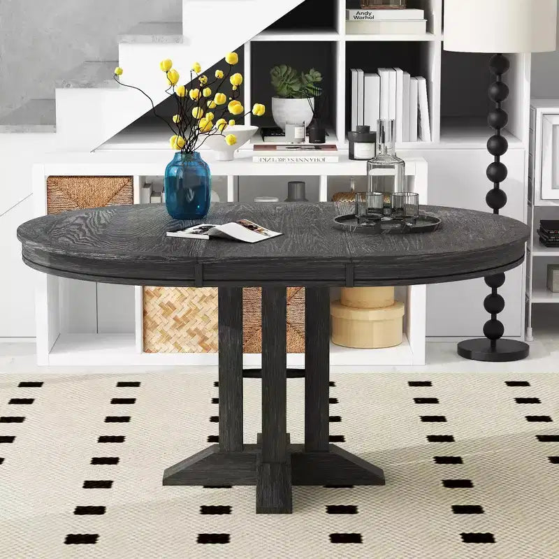 Tavolo da pranzo Whisen con base a piedistallo allungabile in legno stile rustico con prolunga da 35,5 cm