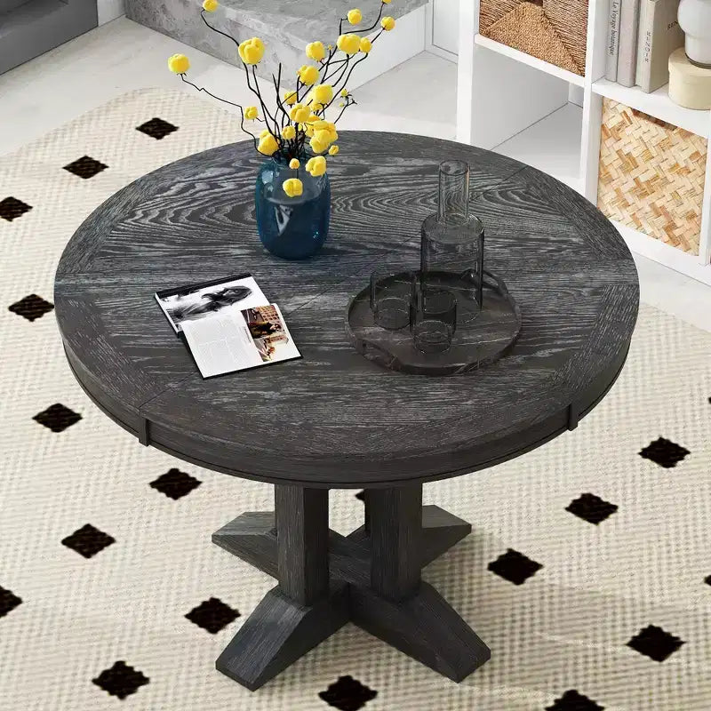 Tavolo da pranzo Whisen con base a piedistallo allungabile in legno stile rustico con prolunga da 35,5 cm