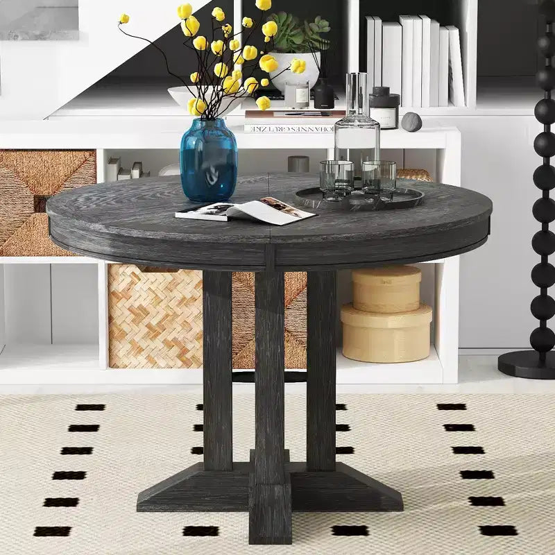 Tavolo da pranzo Whisen con base a piedistallo allungabile in legno stile rustico con prolunga da 35,5 cm