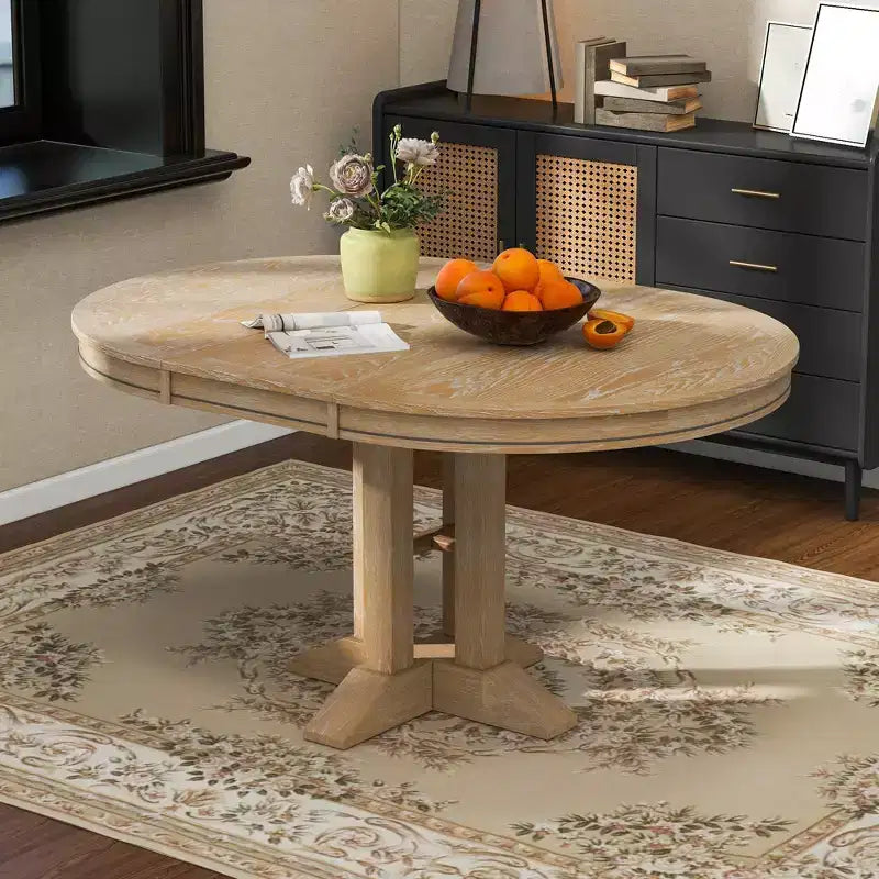Tavolo da pranzo Whisen con base a piedistallo allungabile in legno stile rustico con prolunga da 35,5 cm