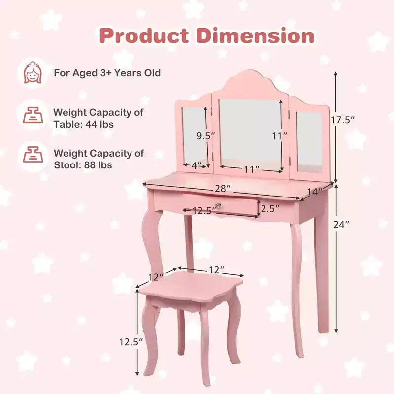 Costway Tavolino e Sgabello da Trucco per Bambini, Set da Gioco Principessa per Bambine Bianco/Rosa
