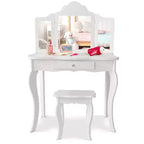 Costway Tavolino e Sgabello da Trucco per Bambini, Set da Gioco Principessa per Bambine Bianco/Rosa